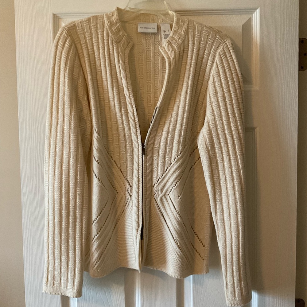 Liz Claiborne Cream Textured Full Zip Sweater